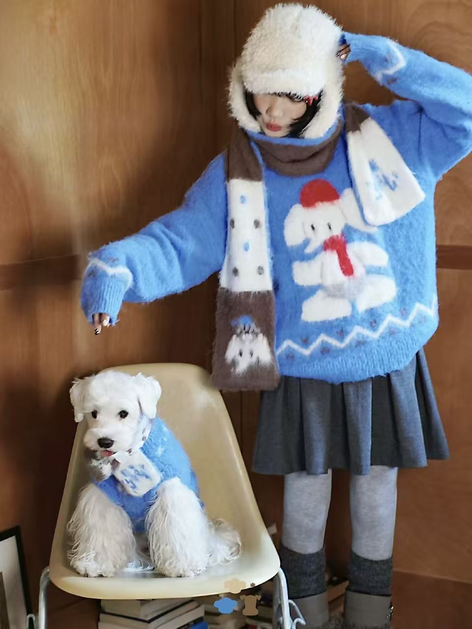 Matching Style Sets-DYAAT PET Ibiza Blue Mohair “Soft Little Elephant” (Adult's Sweater)